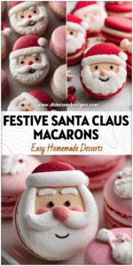 Colorful Santa Claus macarons arranged on a tray with holiday decorations and festive packaging.